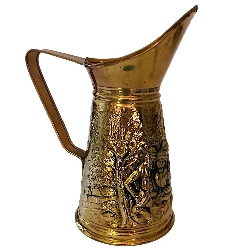 Brass Embossed Ale Pitcher‎ Pub Scene Repousse Made In England Textured Vintage